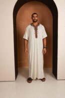 Jalaba Omar - Beige Short-Sleeved Men’s Jalaba – Lightweight Linen with Embroidered Detailing