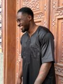 Qamis Demba - Black Short-Sleeve Men’s Qamis – Premium Ebony Satin | Subtle Embroidery