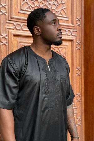 Qamis Demba - Black Short-Sleeve Men's Qamis - Premium Ebony Satin | Subtle Embroidery