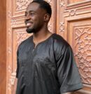 Qamis Demba - Black Short-Sleeve Men's Qamis - Premium Ebony Satin | Subtle Embroidery