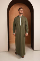 Qamis Ismael - Qamis à capuche pour homme vert olive - Tissu Zibda léger - Style omanais classique