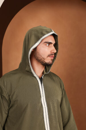 Qamis Ismael - Qamis à capuche pour homme vert olive - Tissu Zibda léger - Style omanais classique