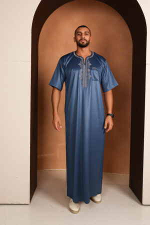 Qamis Issa - Deep Blue Short-Sleeve Men’s Qamis – Premium Ebony Satin | Elegant Embroidery