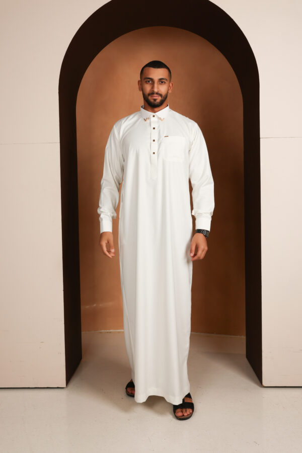 Qamis Kassim - Off-White Men’s Qamis – Premium Italian Fabric | Elegant Shirt-Style Collar