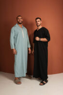 Qamis Maxa - Men’s Short-Sleeve Qamis Maxa – Black Zibda Fabric with Subtle Pinstripes & Embroidery